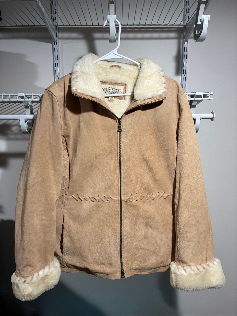 Women's Tan Suede Shearling-Trim Zip Jacket